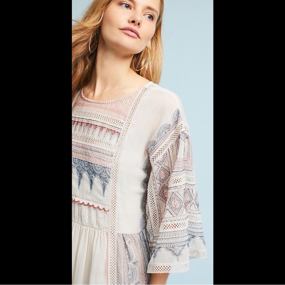 Anthropologie Maeve Toronto Womens Boho Embroider Peasant Midi Dress Bell Sleeve - Picture 3 of 13